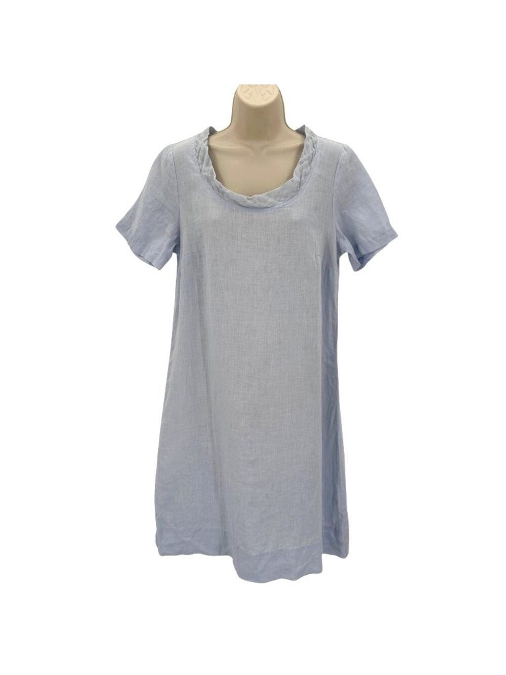 NWOT Flax Womens Light Blue Linen Short Sleeve Ruffle Collar Dress Size P